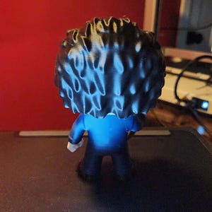 May include: A small stylized figurine viewed from the back, featuring a large head with textured black hair, a blue jacket, and black trousers. The figure has a smooth finish and stands upright, showcasing a simple design with distinct color blocking.