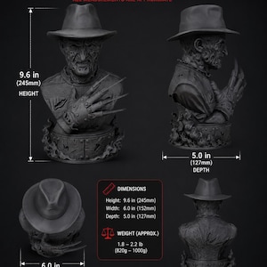 May include: A matte black bust of a scarred character wearing a fedora and a glove with four blades. The figure sits on a circular base with flame details. Dimensions are 9.6 inches in height, 6.0 inches in width, and 5.0 inches in depth, weighing 1.8 to 2.2 lbs.