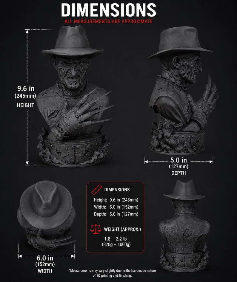 May include: A matte black bust of a scarred character wearing a fedora and a glove with four blades. The figure sits on a circular base with flame details. Dimensions are 9.6 inches in height, 6.0 inches in width, and 5.0 inches in depth, weighing 1.8 to 2.2 lbs.