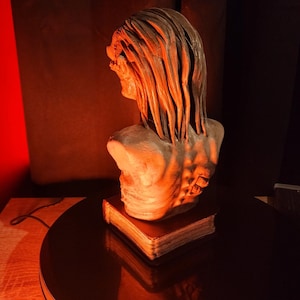 May include: A grey-toned bust sculpture of a figure with long, textured hair and a visible spinal column, mounted on top of a rectangular book. The sculpture features intricate details on the back and shoulders, presented in a monochromatic finish.