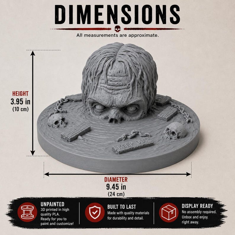 May include: A gray 3D printed sculpture of a head emerging from a circular base with skulls, chains, and a sign reading KEEP OUT. The sculpture has a height of 3.95 inches and a diameter of 9.45 inches. The surface is unpainted and textured.