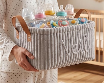 Personalized Baby Storage Basket | Baby Basket | Baby Shower Gift for Kids | Custom Moms To Be Gift | Nursery Organizer with Leather Handles
