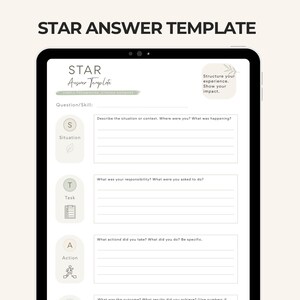 Puede incluir: Una tableta digital que muestra una Plantilla de Respuesta STAR para estructurar la experiencia y mostrar el impacto. La plantilla incluye secciones para Situación, Tarea, Acción y Resultado, con el texto "PERFECT FOR GOODNOTES!" en la parte inferior.