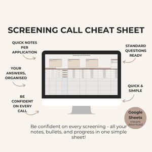 Op de afbeelding: Een computermonitor toont een "Screening Call Cheat Sheet" met een spreadsheet lay-out. Tekst bevat "Quick Notes", "Your Answers, Organised" en "Be Confident on Every Call". De afbeelding promoot een Google Sheets direct download.