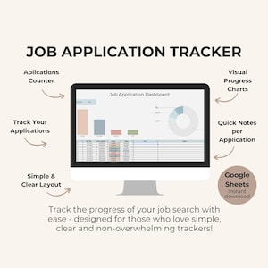 Può includere: Un monitor di computer che mostra una dashboard di monitoraggio delle candidature con grafici e tabelle di dati. Il testo sullo schermo include "Job Application Dashboard". Le frecce puntano a funzioni come "Applications Counter" e "Visual Progress Charts".