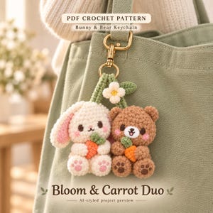 May include: A crochet keychain featuring a cream-colored bunny and a brown bear, both holding small orange carrots. The figures are attached to a gold-tone metal clasp and a small white flower. Text reads: PDF CROCHET PATTERN Bunny & Bear Keychain Bloom & Carrot Duo.