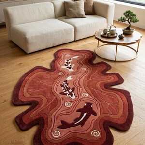 May include: An irregularly shaped area rug featuring a layered, wavy design in shades of red and burgundy. The rug depicts three koi fish swimming in a stylized pond pattern with white swirl accents, creating a textured, multi-dimensional appearance.