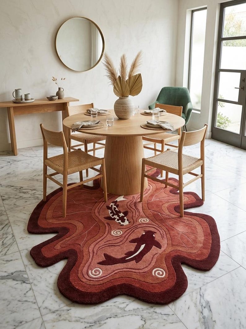 May include: An irregularly shaped area rug featuring a deep red and terracotta color palette with a wavy, organic border. The rug displays two stylized koi fish swimming amidst swirling water patterns, crafted with a textured, tufted pile surface.