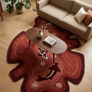 May include: An irregularly shaped area rug featuring a deep red and terracotta color palette with concentric wave patterns and stylized koi fish motifs. The rug has a textured pile surface with dark maroon borders and white swirl accents.