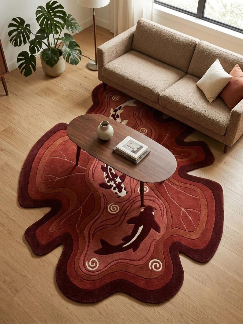 May include: An irregularly shaped area rug featuring a deep red and terracotta color palette with concentric wave patterns and stylized koi fish motifs. The rug has a textured pile surface with dark maroon borders and white swirl accents.