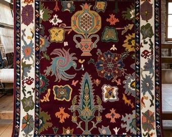Hand-Knotted Wool Area Rug | Maroon Navy Geometric Tribal Oriental Carpet
