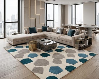 Handmade Tufted Wool Rug, Modern Geometric Plush Carpet, Living Room Floor Covering