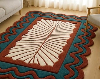 Alfombra de lana tejida a mano – Hoja abstracta, borde ondulado, decoración para el hogar en terracota verde azulado