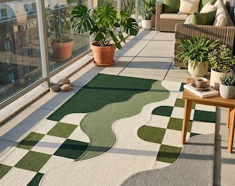 Modern Abstract Geometric Area Rug - Hand-Tufted Wool Carpet with Green and Checkered Pattern for Living Room Decor