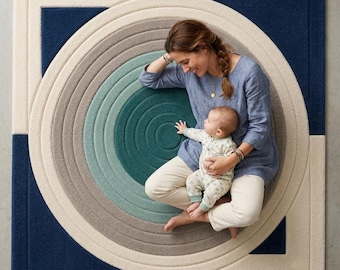 Handmade Wool Tufted Rug – Geometric Concentric Circles, Teal Navy Beige