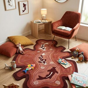 May include: An irregular, organic-shaped area rug featuring a layered, wavy design in shades of terracotta and deep red. The rug displays three koi fish motifs in white, black, and dark brown, accented with swirling water patterns throughout the surface.