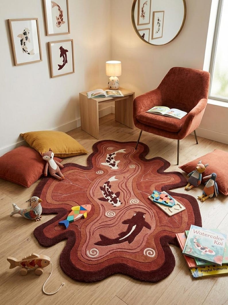 May include: An irregular, organic-shaped area rug featuring a layered, wavy design in shades of terracotta and deep red. The rug displays three koi fish motifs in white, black, and dark brown, accented with swirling water patterns throughout the surface.