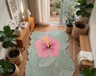 Hand-Tufted New Zealand Wool Rose Flower Rug, Plush Embossed Carpet, Modern Geometric Floor Covering
