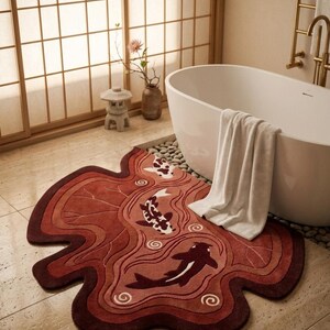 May include: An irregularly shaped rug featuring a deep red and terracotta color palette with a layered, wavy design. The rug depicts three koi fish in white, black, and dark red, swimming amidst stylized water ripples and circular patterns.