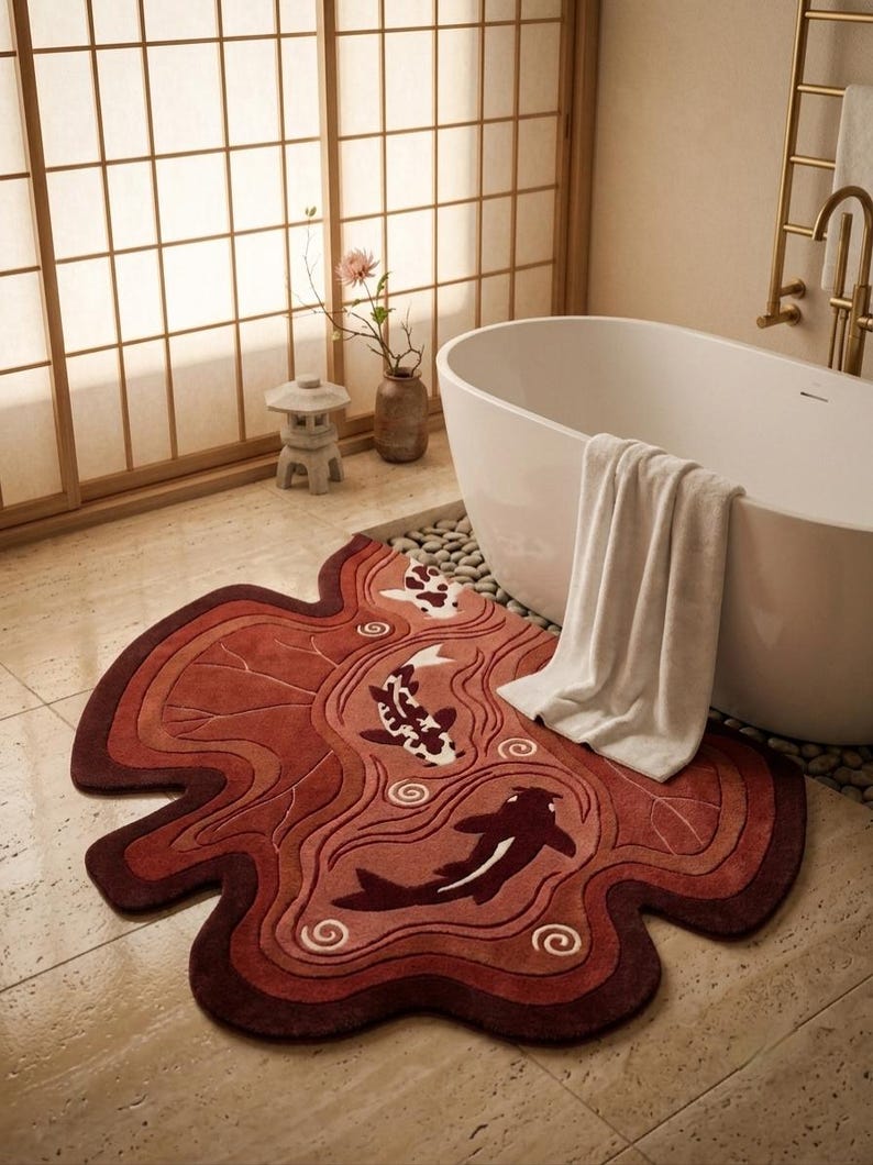 May include: An irregularly shaped rug featuring a deep red and terracotta color palette with a layered, wavy design. The rug depicts three koi fish in white, black, and dark red, swimming amidst stylized water ripples and circular patterns.