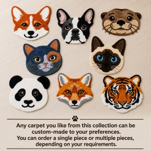 Op de afbeelding: Een collectie van acht getufte tapijten in diervorm, waaronder een corgi, Franse bulldog, otter, lapjeskat, siamees, panda, vos en tijger. De tekst luidt: Any carpet you like from this collection can be custom-made to your preferences.