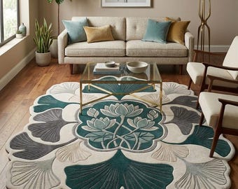 Hand-Tufted Wool Area Rug – Lotus Ginkgo Leaf Botanical Design