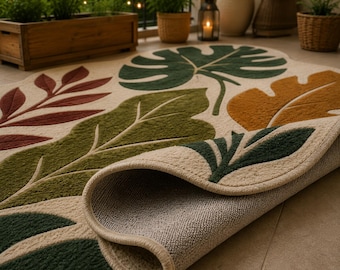 Alfombra botánica de hojas tejida a mano / Alfombra moderna orgánica de forma irregular / Alfombra artesanal de primera calidad / Decoración para sala de estar y balcón