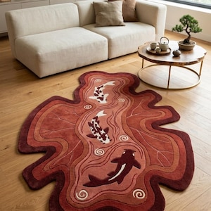 May include: An irregularly shaped area rug featuring a layered, wavy design in shades of red and burgundy. The rug depicts three koi fish swimming in a stylized pond pattern with white swirl accents, creating a textured, multi-dimensional appearance.