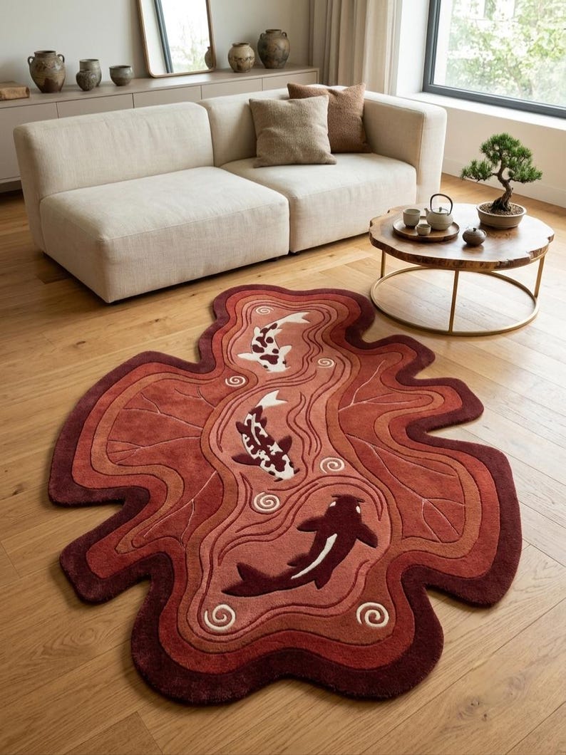 May include: An irregularly shaped area rug featuring a layered, wavy design in shades of red and burgundy. The rug depicts three koi fish swimming in a stylized pond pattern with white swirl accents, creating a textured, multi-dimensional appearance.