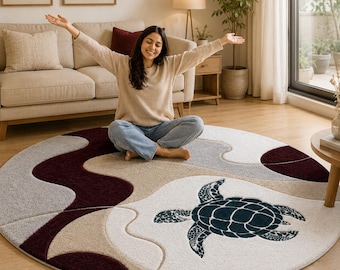 Hand Tufted Sea Turtle Wool Rug – Modern Ocean Inspired Round Carpet