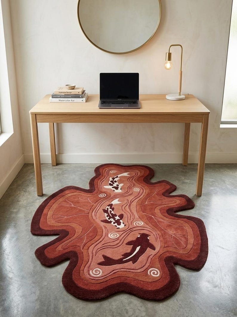 May include: An irregularly shaped area rug featuring a layered, wavy design in shades of deep red, terracotta, and rust. The rug depicts three koi fish in white, black, and dark red, swimming amidst stylized water ripples and swirling patterns.