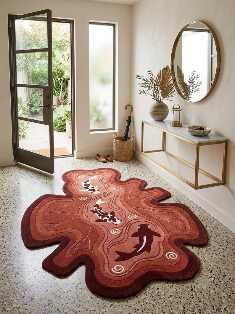 May include: An irregularly shaped area rug featuring a layered, wavy design in shades of terracotta, rust, and deep red. The rug depicts three koi fish swimming in a stylized pond pattern with white and dark brown accents and small spiral details.