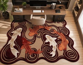 Handmade Koi Fish Tufted Wool Rug – Japanese Water Garden Art (Burgundy, Beige)