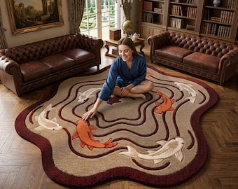 Handmade Koi Fish Wool Rug, Japanese Inspired Organic Shape, Burgundy Beige Home Decor