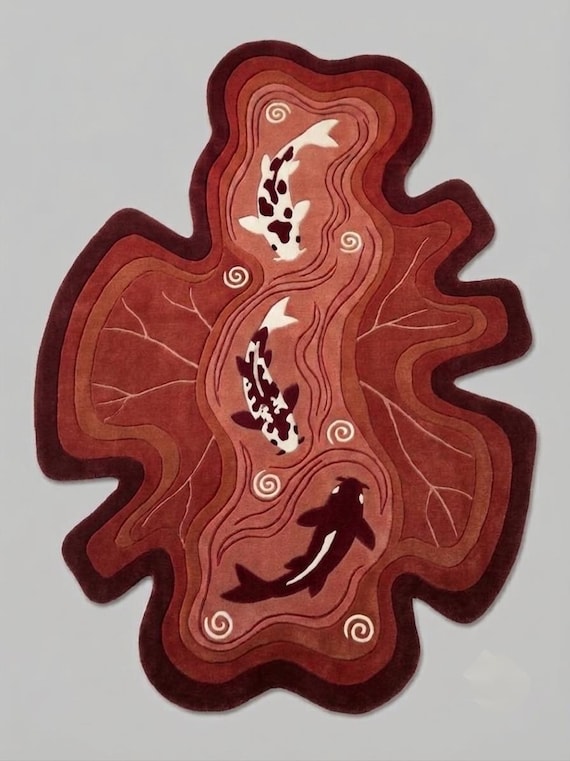 Hand-Tufted Koi Pond Rug | Organic Wool Area Mat, Japanese Fish Design