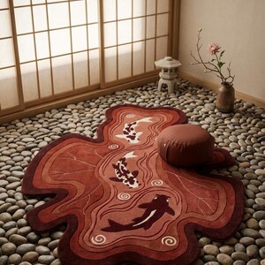 May include: An irregularly shaped rug in shades of red and brown featuring a design of three koi fish swimming among stylized water ripples. The rug has a textured surface and is placed on a floor covered with smooth, rounded gray stones.