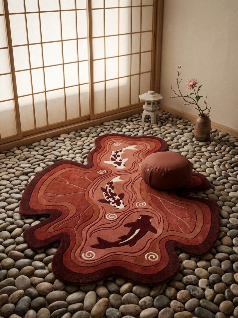 May include: An irregularly shaped rug in shades of red and brown featuring a design of three koi fish swimming among stylized water ripples. The rug has a textured surface and is placed on a floor covered with smooth, rounded gray stones.