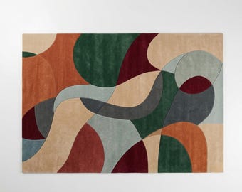Handgetufteter Wollteppich mit geometrischen, modernen organischen Formen in Erdtönen