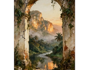 Impression d'affiche de la vallée enchantée, peinture d'arche ancienne, décoration de paysage de forêt mystique, oeuvre d'art onirique