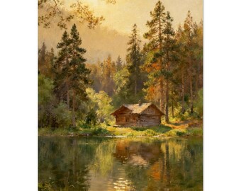 Poster d'art mural Lakeside Cabin Serenity Majestic Forest Hideaway, affiche d'art mural