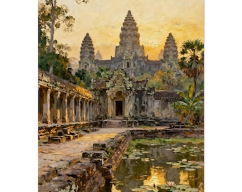 Peinture de paysage du temple d'Angkor Vat, Cambodge Poster d'art tropical zen