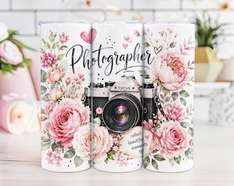 Photographer Floral PNG Camera Lover Tumbler Design Pink Rose Photography Sublimation Wrap