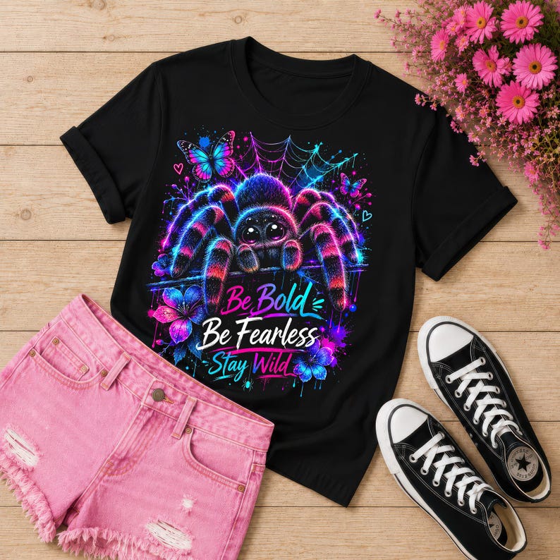 K&ouml;nnte beinhalten: Schwarzes T-Shirt mit einem farbenfrohen Spinnen-Design und dem Text "Be Bold, Be Fearless, Stay Wild". Das Design zeigt eine Neon-Spinne, Schmetterlinge und Blumen. Kombiniert mit rosa Jeansshorts und schwarzen Leinenschuhen.
