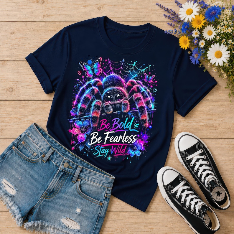 K&ouml;nnte beinhalten: Marineblaues T-Shirt mit einem farbenfrohen Spinnen-Design und dem Text "Be Bold, Be Fearless, Stay Wild". Das Design zeigt Schmetterlinge und Blumen. Schwarze und wei&szlig;e Turnschuhe und Jeansshorts sind ebenfalls im Bild.