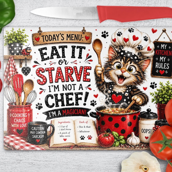 Lustige Katze Magier Chef Glas Schneidebrett Design PNG (Digitaler Download)