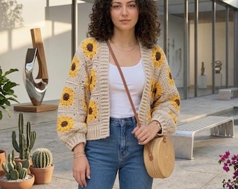 Cardigan all'uncinetto fatto a mano con girasoli - Maglione floreale boho, cotone ecologico, comodo e alla moda per le feste di primavera, maglieria vintage traspirante