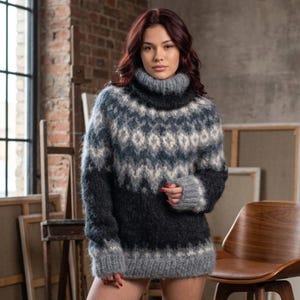 Isländischer Mohair Rollkragenpullover, Flauschiger Nordischer Pullover, Übergroßer Fair Isle Strick