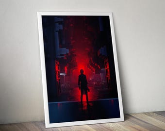 May include: A framed vertical wall art print featuring a silhouette of a person standing in a dark, industrial corridor illuminated by a bright, intense red light source at the end of the path, creating a high-contrast scene with deep shadows.
