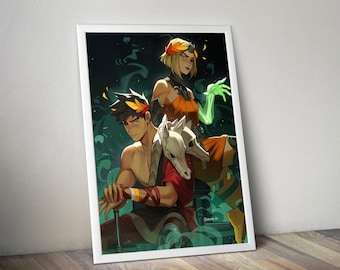 May include: A framed digital art print featuring two characters from the game Hades. A male figure with dark hair and a laurel wreath sits in front of a female figure with blonde hair and a laurel wreath, both surrounded by green magical energy.