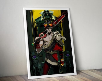 May include: A framed vertical art print featuring a dark-haired figure with a laurel wreath, wearing a black and red tunic with a shoulder pauldron, holding a long sword across their shoulders against a yellow and dark green background.